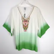 CHICO'S Tunic Blouse Size 2 Emerald Ombre Beaded Flutter Sleeve Tropical New