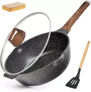 Deep Frying Pan Nonstick with Lid and Spatula, 12 Inch, Scrub Sponge (Black)