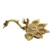 Antique Style Metal Diya with Peacock Handle Showpiece Statue Gold