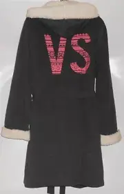 Victoria's Secret VS Sherpa Lined Hooded Fleece Short Wrap Robe Black M/L NWT