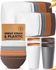 32-piece Plastic Wheat Straw Square Dinnerware Set for 8, Unbreakable Dinner ...