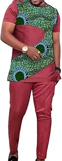 [Sweejim] Men's Stripe Suit Short Sleeves Set Patchwork Tops With Pant Male African Groom Party Outfits