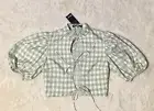 NASTY GAL SizeM SAGE Gingham Tie Front Collared Blouse