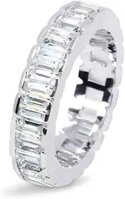 [Savlano] 18K White Gold Plated Cubic Zirconia Emerald Cut Eternity Ring Band for Women Men