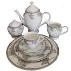 Porcelain Tea Service Set plus Dessert Serving Plates 24 Pc Silver Leaves Design