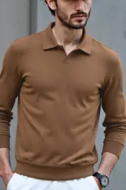 Merino Wool Shirts Australia – Open Collar Knit Polo, 100% Australian Merino, Lightweight & Breathable., Camel / L