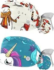 [YTYVAGT] 2-Pc,Nurse Scrub Caps,Scrub Hats with Buttons and Cotton Sweatband,Cartoon Cute Snowmen