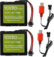 Fytoo 2PCS 7.4V 1000mAh 2S Li-ion Battery with SM-4P Plug and USB Charging Cable Suitable for DE36W DE65 NO.1809 RC Toy Car Model Off-Road Vehicle Climbing Drift Racing Battery