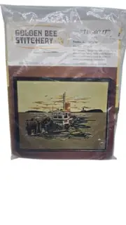 1976 Embroidery Kit Lighthouse Tugboat Golden Bee Stitchery Vintage Picture Pier