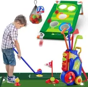2 in 1 Toddler Golf Set, Upgraded Kids Golf Clubs with 12 Balls, Cornhole Board