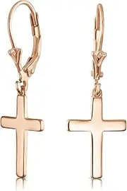[Bling Jewelry] Minimalist Simple Delicate Small Religious Cross Drop Dangle Earrings For Women Teen Secure Lever back High Polished Rose Gold Yellow 14K Gold Plated .925 Sterling Silver