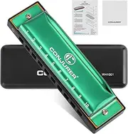 [CONJURER] Blues Harmonica for Kids Children Adult Beginners 10 Holes C Key Diatonic Harmonica for Practicing and Playing, Brass Reed Metal Mouth Organ, Blues Harp with Case, Green