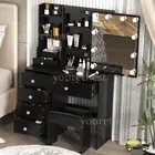 Black Dressing Table With LED Sliding Makeup Mirror And Stool Vanity Makeup Desk