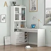Luxsuite Computer Desk with Bookcase Office Desk Study Table Writing Table Shelving Bookshelf Workstation with Drawers Shelves Cabinets White Home Office