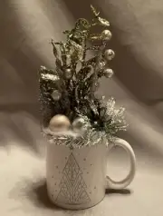 Christmas Winter Arrangement White Cup Sparkles Silver Gold Red Green Pine