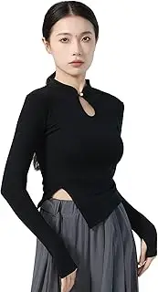 [Angcoco] Women's Elegant Mandarin Collar Long Sleeved Tops with Thumb-Hole