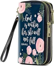 [FQTBCEARI] Hummingbird Flower Print Women Large Capacity Wallet PU Leather Double Zipper Clutch Purse for Smart Phone/Card/Coin/Cash, Floral Quote Bible Verses Psalm 46:5