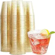100 pcs Reusable Plastic Cups,9 OZ Plastic Wine Glasses with Gold Powder,Old Fashioned Imitation Glass Reusable Plastic Tumblers for Wedding Parties, Nightclubs, Festive Occasions