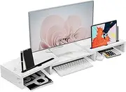 Adjustable Dual Monitor Stand with 2 Slots, Desktop Shelf for PC, Laptop (White Faux Marble)