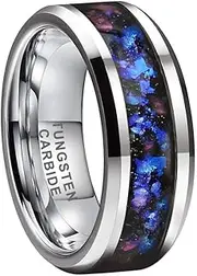 [TUTISS] 8mm Silver/Black Tungsten Rings for Men Women Orion Nebula Galaxy Opal Blue Gold Foils Inlay Engagement Wedding Promise Band Beveled Edges Polished Comfort Fit