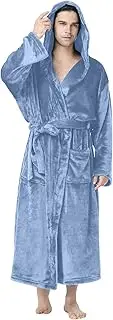 [Generic] Mens Robe with Hood Ultra Soft Full Length Long Sleeve Lightweight Unisex Fleece House Coat, Blue, Large