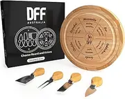 DIRECT FROM FACTORY Bamboo Cheese Board with Knife Set - Round Charcuterie Serving Tray with Engraved Cheese & Drinks Name - Wooden Cheese & Meat, Included Stainless Steel Knives & Cutlery