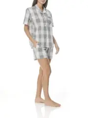 Ladies Gingerlilly PJS Grey Check Cotton Short Set Pyjamas Emily