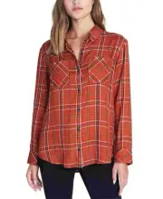 Sanctuary Women's Plaid Collared Button Up Top Orange Size X-Small