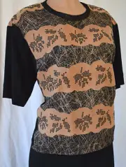 BOTTEGA VENETA BLACK/BROWN STUDED-ABSTRACT PRINT RAYON/SILK BLOUSE SIZE 40