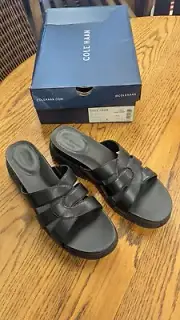 Cole Haan Women's ZeroGrand Slotted Slide Flat Sandals Black Leather Size 10B