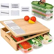 Kitchen Bamboo Cutting Board with Containers & Graters, Large Removable Chopping Board with Juice Grooves, Easy-Grip Handles & Food Sliding Opening, Carving Board with Trays for Food Prep, Storage