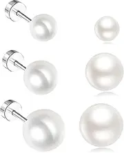[ZHIGOU] 3 Pairs Of Titanium Pearl Stud Earrings For Sensitive Ears, F136 Implant Grade Threaded Cartilage Tragus Earrings With 4mm/5mm/7mm Pearls, Ear Bone Jewelry