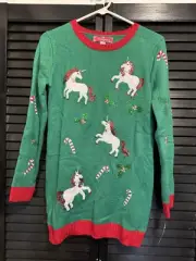 Girls 33 Degrees Green Christmas Unicorn Tunic Sweater - NEW - XL 14/16