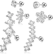 [Kakonia] 6Pcs CZ Barbell Helix Piecing Cartilage Earring for Women Girls Stainless Steel Nose Lip Studs Tragus Flower Conch Flat Back Body Piercing Jewelry 16G