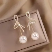 Faux Pearl Rhinestone Bow Drop Earring 1 Pair - White - One Size