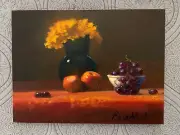 Charles Rosenthal Original Still Life Oil Painting FLOWERS, APPLES & GRAPES