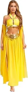 [Yihuimin] Womens Belly Dance Costume Set Halter Crop Top Sequins Skirt Removable Sleeves Performance Outfit