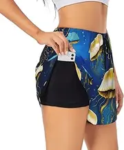 [GaxfjRu] Blue and Gold Jellyfish Print Women's Running Shorts High Waisted Running Shorts Pocket Sporty Gym Elastic Short