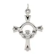 Sterling Silver Solid Antiqued Claddagh Cross Pendant, 25 x 42mm