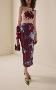[Erdem] Floral-Collage Satin Midi Skirt