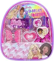 Townley Girl Barbie - Backpack Cosmetic Makeup Gift Bag Set Includes Lip Goss, Hair Accessories and Printed PVC Back-Pack for Kids Girls, Ages 3+ Perfect for Parties, Sleepovers and Makeovers