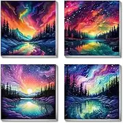 FQOVKYN 4 Pack Landscape Paint by Number for Adults Framed Canvas, DIY Aurora Arts and Crafts for Adults Beginner with Paint Brushes, Acrylic Paint Set for Home Wall Decor, 8 * 8 Inch