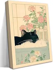 Japanese Aesthetic Canvas Wall Art for Bathroom - Relaxing Black Cat Poster Paintings Prints Wall Decor, Cat in the Bathtub Picture Artwork for Restroom Home Decoration 12x16 inch Framed