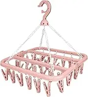 Windproof Clothes Airer, Foldable, Pink Sock Dryer, Hanging, Foldable Clothes Airer with 32 Clips, Windproof Clothes Hanger, Swivel Hook, Windproof Hanger for Small Socks, Underwear, Towels