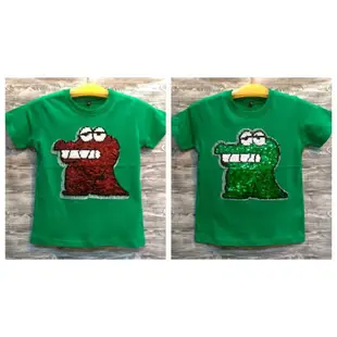 鱷魚山先生 亮片翻轉 蠟筆小新餅乾 台灣製造 棉100% 綠色 T恤