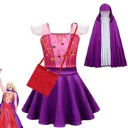 Girls Hocus Pocus 2 Witch Cosplay Party Costume Dresses Cloak Bag Set,Purple - 7-8Years