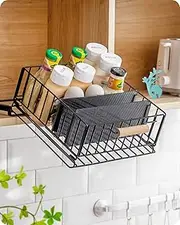 Baffect Pull-Down Cabinet Organizer, 20° Sloping Drop Down Spice Rack with 2 Adjustable Dividers, Heavy-Duty Sliding Out Storage Basket for Pantry/Cupboard/Upper Cabinet (Metal, Black)