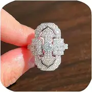 [ZDIFDIC] Art Deco Rings for Women Filigree Pave CZ Wide Armor Full Finger Statement Ring Cubic Zirconia Vintage Gemstone Ring 925 Sterling Silver Blue Sapphire Princess Eternity Band