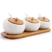 Porcelain Condiment Jar Spice Container with Lids - Bamboo Cap Holder Spot, C...