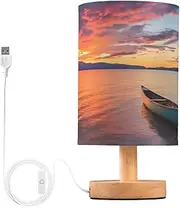 [YXYZRMY] Table Lamp Sunset Boat Lake Landscape for Bedroom Living Room Desk Lamp with USB Port Nightstand Lamp with Round Flaxen Fabric Shade for Dorm Home Office LED Bulb Included